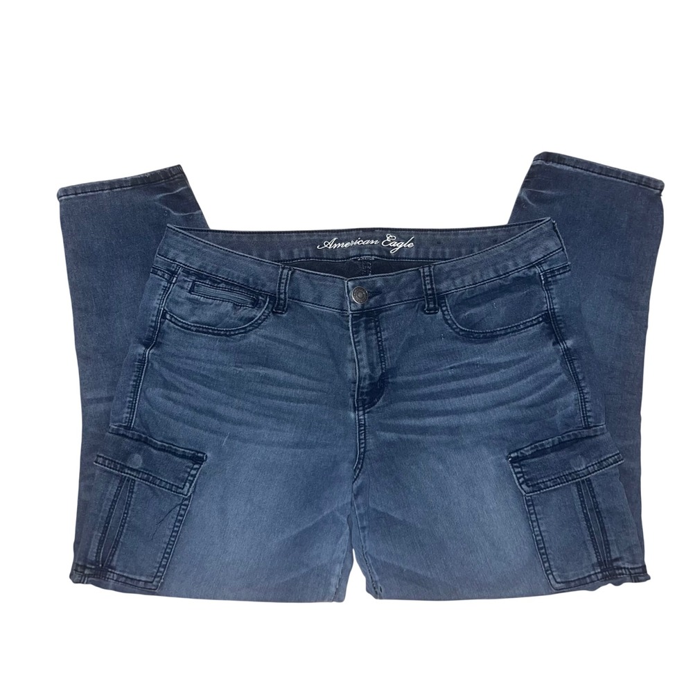 Y2K American Eagle Cargo Skinny Jeans Blue Dark Wash Ankle Zip Women Size 14 - Picture 1 of 16
